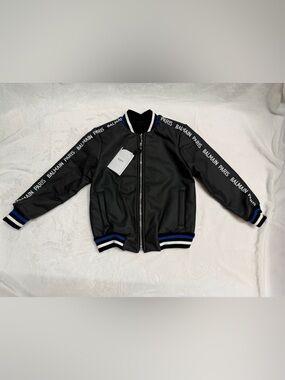 Balmain kids Black Bomber Jacket with Blue & White Stripe Trim